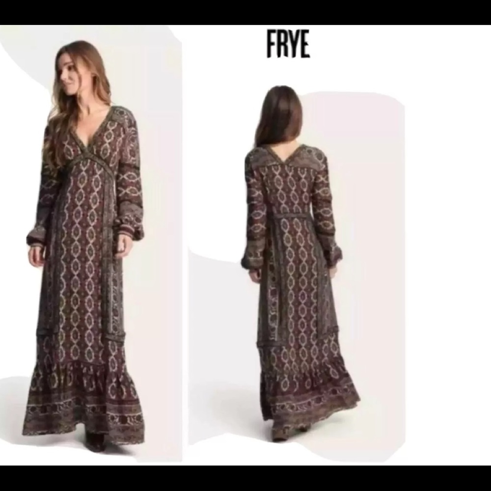 NEW Frye Carly Boho Naomi Print V-Neck Long Sleeves Maxi Dress M
